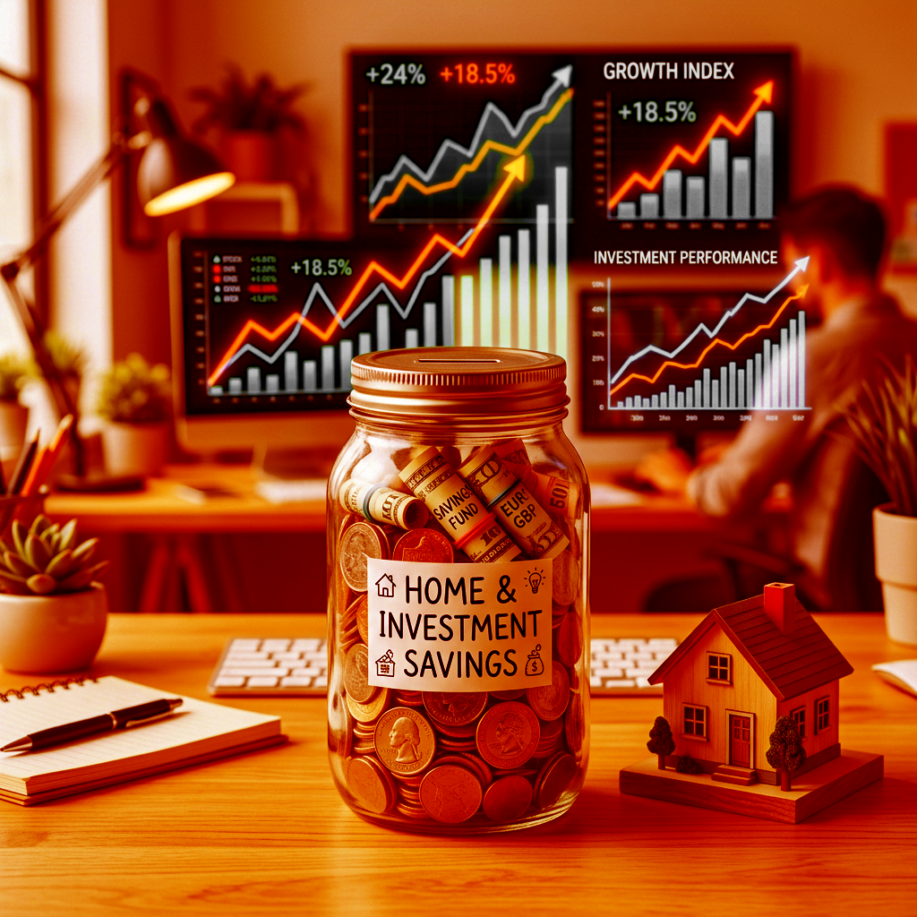 A glass savings jar labeled with investment indicators