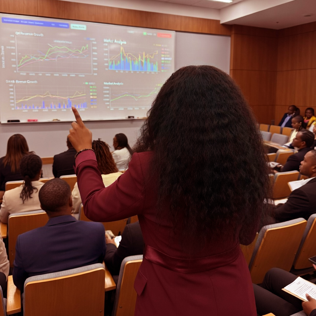 Financial advisor presenting analytics to a professional group